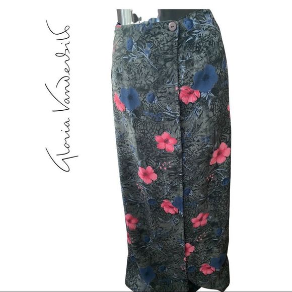 gloria vanderbilt vintage long grey pink floral wrap skirt sz M - Picture 1 of 4